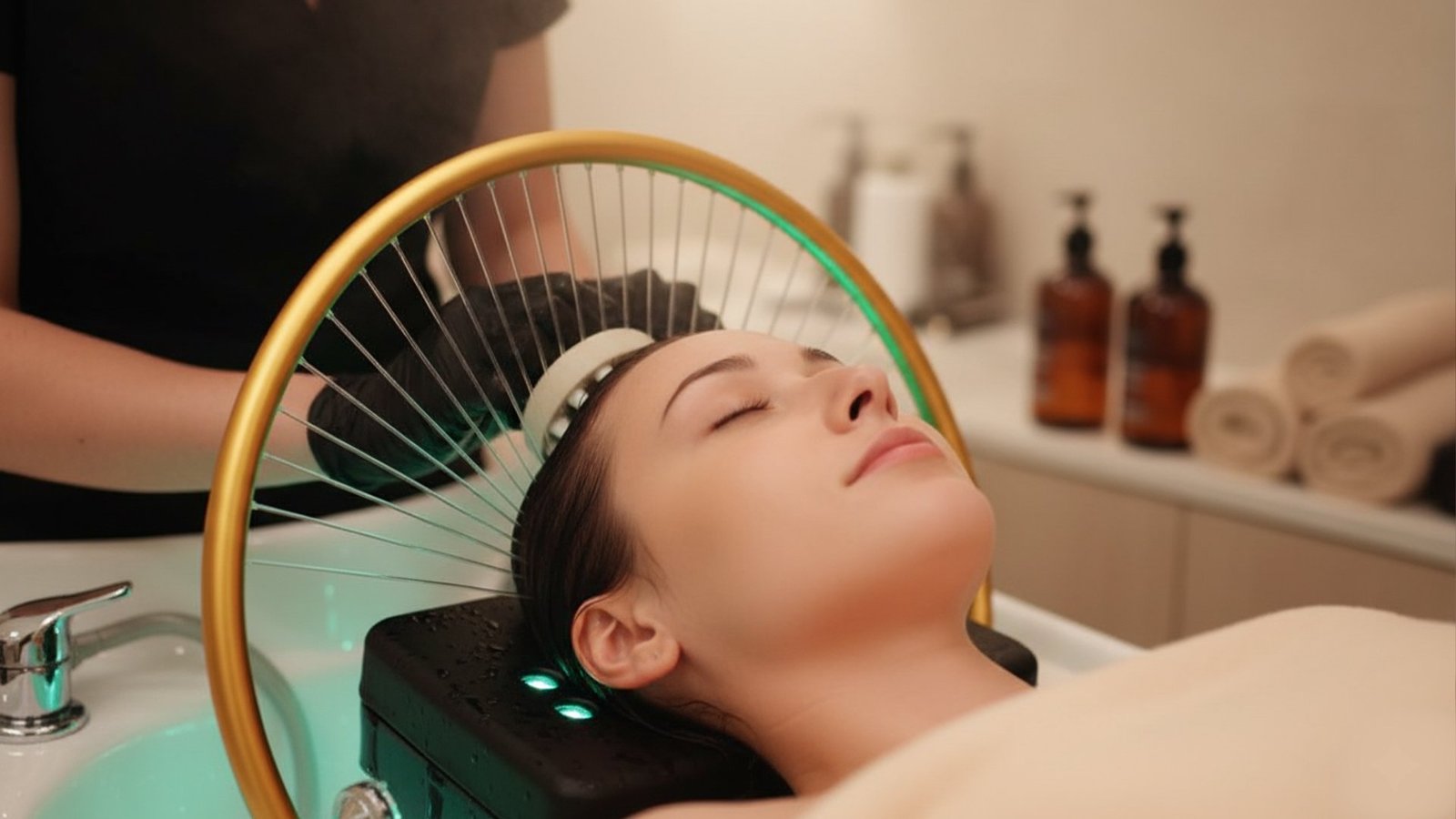 Ženska med izpiranjem las pod Head Spa vodnim obročem